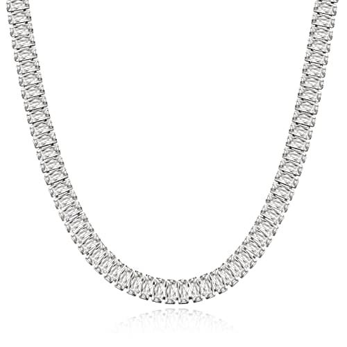 Image of KissYan Gold Tennis Necklace for Women, 14K Gold Plated Diamond Cubic Zirconia Baguette Tennis Chain Paperclip Link Cuban Choker Dainty Jewelry Gifts(33B-W)