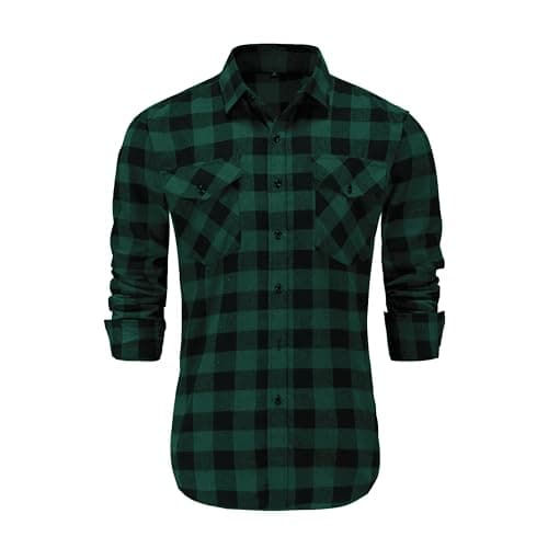 Image of Dioufond Men Flannel Shirt Long Sleeve Lumberjack Costume Mens Checked Shirts Black Green Flannel Small