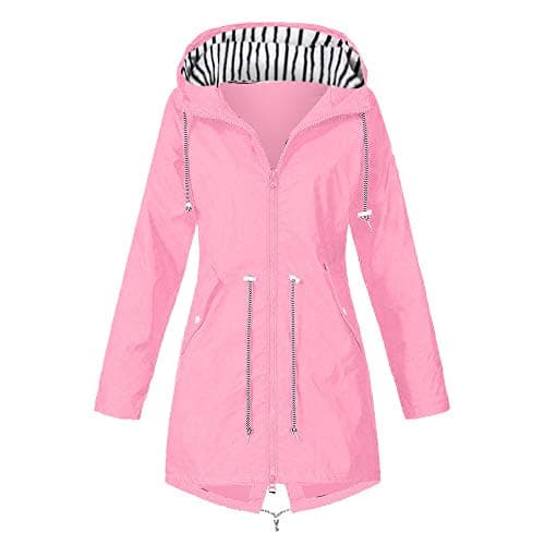 Image of Adults Lightweight Waterproof Jacket Breathable Windbreaker Softshell Raincoat Full Body Front Zip With Pockets Casual Outdoor Raincoats with Hooded for Cycling Hiking (Pink, XL)