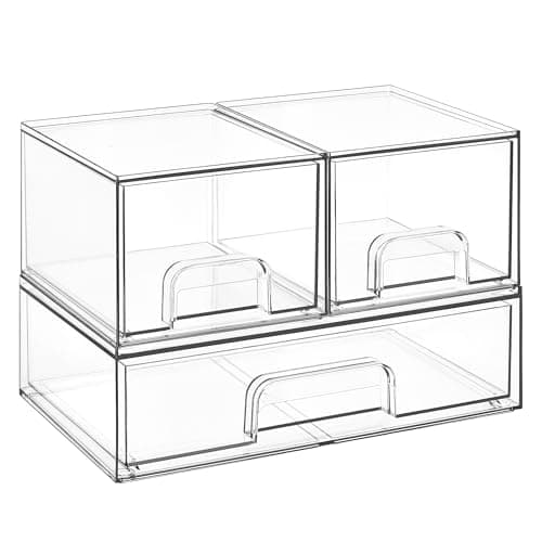Image of Vtopmart 3 Pack Clear Small Stackable Storage Drawers, Acrylic Bathroom Makeup Organiser, Plastic Storage Box For Vanity, Under Sink, Kitchen Cupboard, Pantry, Home Organization