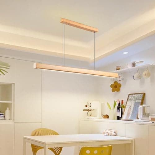 Image of Aleaty Modern Pendant Lamp Wood Dining Room Lamp LED Pendant Lamp Dining Table Dimmable Linear Design Pendant Lamp with Remote Control Dining Table Lamp Hanging Height Adjustable (Wood, L120cm)