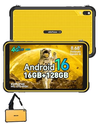 Image of Ulefone RugKing Pad Pro Rugged Tablet, 16GB+128GB/2TB, 8.68" 90Hz Corning Gorilla Glass, Android 16, Built-in eSIM, 7100mAh 18W, 4G Dual SIM 3-Card Slot, 16MP Waterproof, NFC, Wearable Strap Yellow