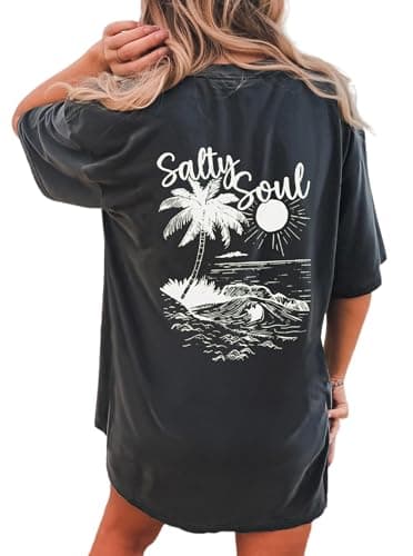 Image of CSDAJIO Women's Trendy Oversized T Shirt Graphic Tee Crewneck Short Sleeve Loose Cute Going Out Summer Tops, Salty Soul Grey, XL