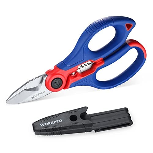 Image of WORKPRO 163 MM (6-1/2 INCH) Electricians Scissors with Wire Stripper, Multi-Function Stainless Steel Electricians Shears with Belt Clip Sheath