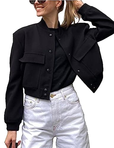 Image of Megfie Womens Cropped Bomber Jacket Button Down Varsity Jackets Shackets With Pockets, Black, S