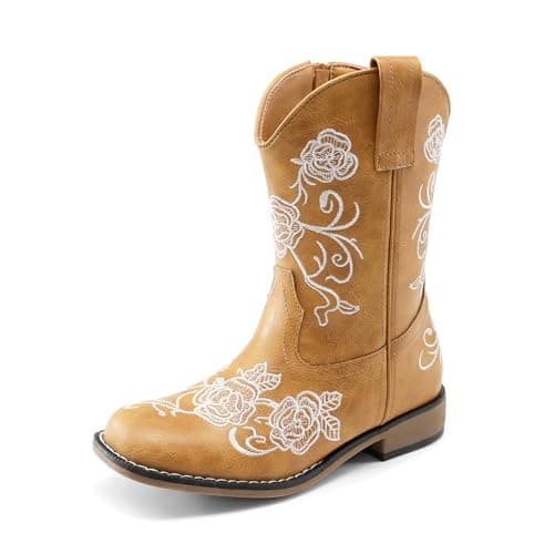 Image of DREAM PAIRS Girls Cowboy Boots Floral Embroidered Classic Western Cowgirl Boots Square Toe Mid Calf Side Zipper Horsing Party Toddler/Little/Big Kids,Size 12 Little Kid,Camel,SKMB26003K