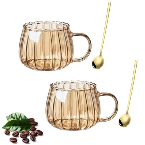 Image of JADEWANG Coffee Mugs Set, 2 Mugs and 2 Spoons Set, 12oz Drinking Glasses with Handle, Clear Glass Cups for Hot or Cold Drinks Like Cappuccino, Latte, Cocoa and Tea (Amber)