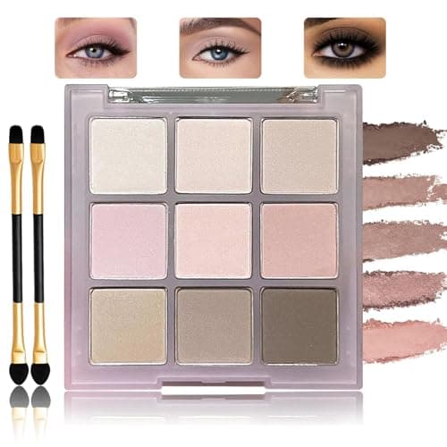 Image of 9-Color Neutral & Warm Eyeshadow Palette with Flattering Shimmer Finishes in Square Transparent Case – Contains Dual-Ended Detail & Blending Brushes for Daily Office Wear and Light Mature Style Makeup