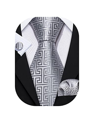 Image of Barry.Wang Designer Silver Ties Fashion Men Necktie Handkerchief Cufflink