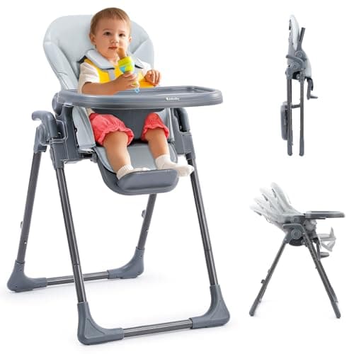 Image of Ezebaby Baby Highchair, Foldable and Adjustable Baby Chair, 6 Height Settings, 4 Recline Positions, 3 Tray Positions, Adjust Footrest, Portable High Chair for Baby and Toddler (Grey)