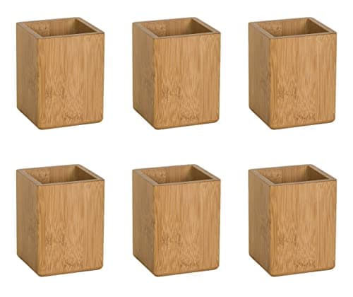 Image of OSCO Bamboo Square Pen Pot, MOSO Bamboo Desk Tidy & Office Organiser, Compact Square Pencil Holder for Workspace, Makeup Brushes & Cosmetics, 10.2x7.7x7.7 cm, 6 Pack