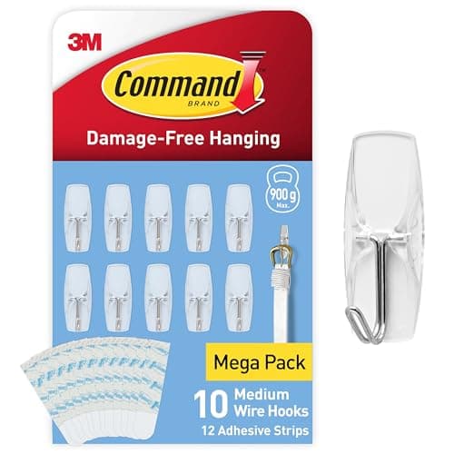 Image of Command Wire Toggle Hooks - Medium - Transparent- Indoor Use - Multi Pack of 10 Hooks and 12 Adhesive Strips - Suitable for Hanging Items up to 900 g - Damage Free