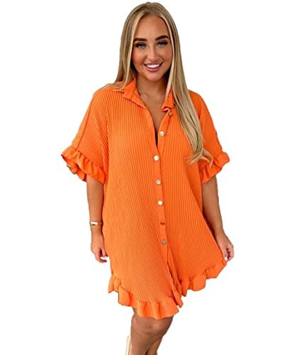 Image of eyes Women’s Gold Button Pleated Short Sleeve Plain Collared Frill Hem Ladies Casual Loose Fit Oversized Baggy Plus Size Swing Summer Dresses for Women Orange One Size 8-22