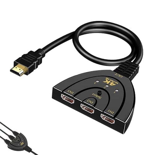Image of 4K 3 Port HDMI Switch, HDMI Switch 3 in 1 Out Splitter with Gold Plated Connectors, Supports Full HD 1080p and 3D, Manual Switcher for Multiple Devices, Compatible with TV, Xbox, PS4, Blu-Ray