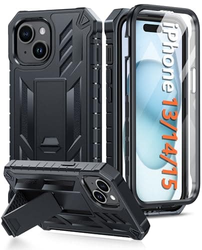 Image of FNTCASE for iPhone 15/14/13 Case: Shockproof Military Grade Protective Cover with Kickstand - Dual Layer Matte Dropproof 6.1 Inch - Black