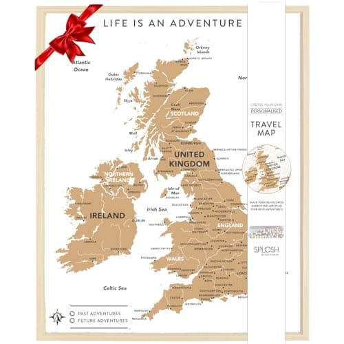 Image of Splosh Travel Map - Desk UK Map Pin Board in White, Wooden Frame. Travel Map with 100 Pins in 2 Colours to Personalise and Mark Your Past and Future Adventures