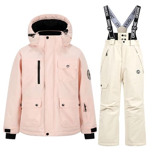 Image of AMhomely Kids 2 Piece Ski Suit-Boys Girls Waterproof Puffer Jacket and Snow Bib Pants Set,Snowproof Snow Outfit with Pocket,Windproof Warm Overalls,Outdoor Holiday A Beige 13-14 Years