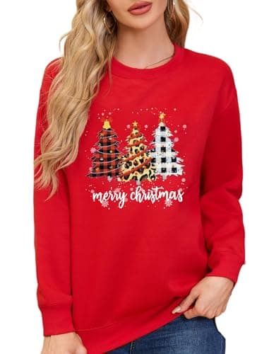 Image of Asoodiy Christmas Sweatshirts Women Xmas Top Ladies Merry Christmas Tree Printed Top Holiday Pullover Xmas Sweatshirts Red XL