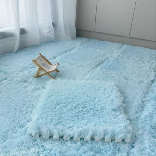 Image of 10 Pack Carpet Squares Puzzle Mat 30x30x1cm Plush Interlocking Carpet Tiles,Soft Fluffy Floor Protective Mat Shaggy Area Rug for Bedroom (Blue)