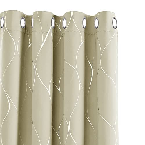 Image of Deconovo Home Decoration Curtains, Blackout Curtains, Room Darkening Thermal Insulated Wave Line Foil Printed Ring Top Curtains for Bedroom 52 x 90 Inch(Width x Length), Beige, 1 Pair