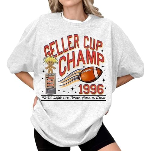 Image of Women's Sports T-Shirt Gym Tops UK Geller Cup Shirt Friends TV Show Tee Football Trophy Graphic Tee Retro 1996 Geller Bowl Shirt Shirt Funny Thanksgiving Football Shirt Long Sleeved Womens (White, M)