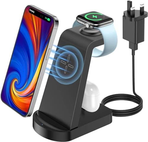 Image of bakibo 3 in 1 Wireless Charging Station, Wireless Charger for iPhone 15/14/13/12/11/Plus/Pro/Max, Wireless Charging Stand Dock for Apple Watch 9/8/Ultra/7/6/SE, AirPods 3/2/1/pro (with Adapter), Black