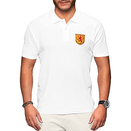 Image of Purple Print House Scotland Polo Shirts for Men Football Shirt 2021 Retro Supporters Rugby Cotton Embroidered Crest Badge Royal Lion Rampant Flag, L, White