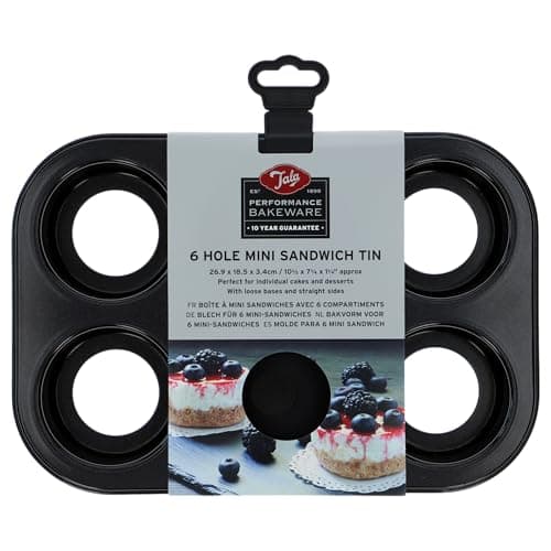 Image of Tala Performance 6 Cup Loose Based Mini Sandwich Pan, made from Professional Gauge carbon steel with Eclipse Non-Stick Coating; Perfect for individual cakes and cheesecakes, 26.8x18.4x3.38 cm
