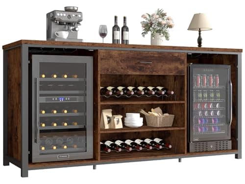 Image of LVB Large Bar Cabinet with Fridge Space, Rustic Long Liquor Cabinet with Drawer Storage, Farmhouse Wood Metal Wine Cabinet with Rack, Sideboard Buffet for Kitchen Dining Room, Rustic Brown, 180 CM