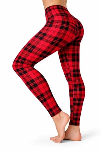 Image of High Waist Womens Leggings - 4 Way Stretch Yoga Pants Workout Leggings - Ankle Length Jeggings for Women(S-M, Red Plaid)