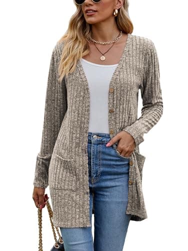 Image of Famulily Ladies Open Front Long Cardigans with Pockets for Women Cosy Loose Open Front Sweater Jumper Coat (XXL, Khaki)