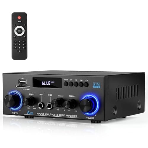 Image of Romicta Stereo Audio HiFi Amplifier, 800W Bluetooth Amplifier 5.0, 2 Channels 12V/230V, LCD Display, SD/USB, FM Radio, Compatible with Active subwoofer and passive speakers