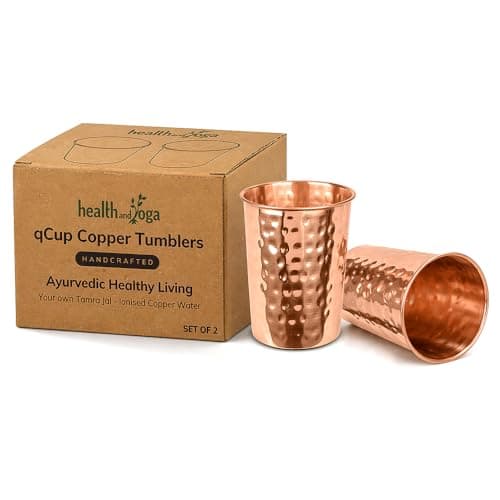 Image of HealthAndYoga™ qCup Pure Copper Tumblers for Drinking - Ayurvedic Health Pure Copper Cups – 2 pcs. set - 250 ml.(8 fl oz) (Hammered)