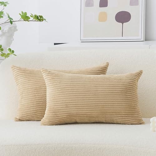 Image of Home Brilliant Taupe Rectangle Cushion Covers Home Decoration, Simple Design Lovely Striped Corduroy Ochre Cushions Covers for Sofa Bed Couch, Pack of 2, (30cm x 50cm, Taupe)