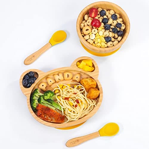 Image of Vinsani Bamboo Panda Plate Bowl and Spoon Set for Baby Toddler Kids Children, Suction Plate, Stay-Put Non-Slip Base Design, Hypoallergenic, Food-Grade Silicone and BPA-Free Baby Feeding Set (Yellow)