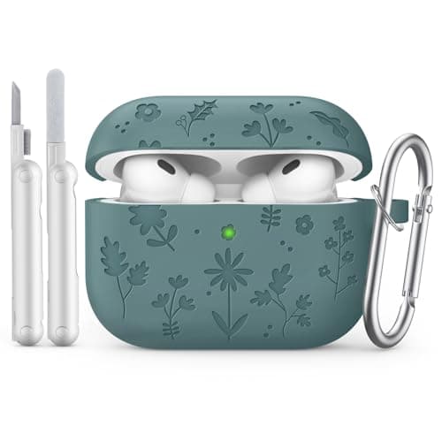 Image of MoKo for AirPods Pro 3 Case Cover with Cleaner Kit, Cute Flower Engraved Case for Apple AirPods Pro 3rd Gen 2025, Silicone Protective Shockproof Cover with Keychain, Green