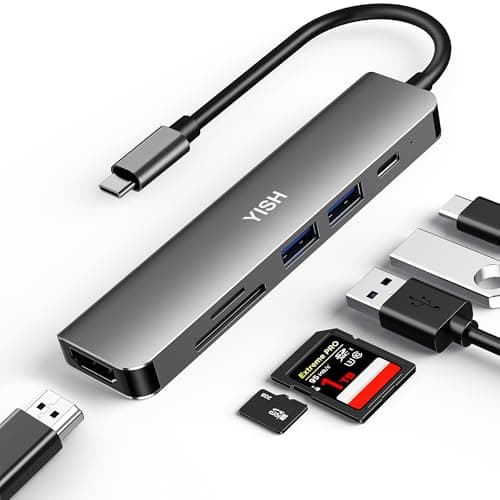 Image of YISH USB C Hub 6-in-1 Docking Station: USB C Adapter USB Extender with PD100W,4K HDMI,2 x USB A,SD/TF Card Reader for Desktop PC, Laptop, Keyboard, U Disk, Mobile HDD Grey