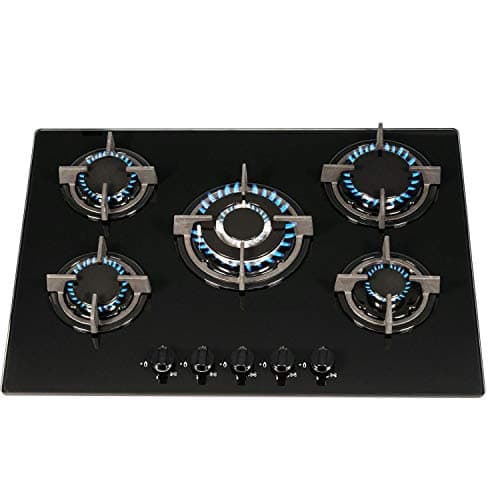 Image of SIA GHG703BL 70cm Black Glass 5 Burner Gas Hob With Iron Pan Stands & Wok Burner