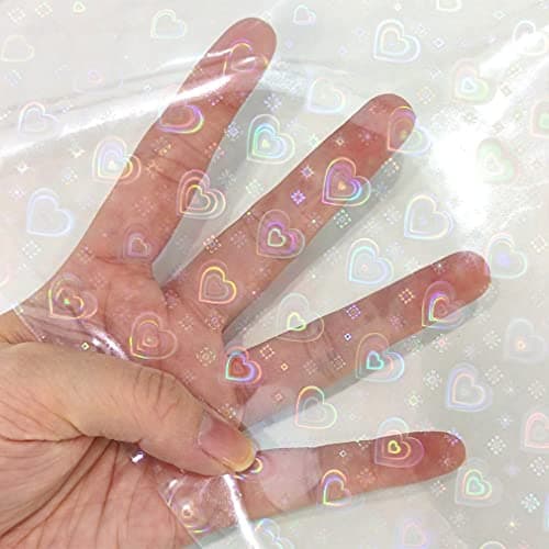 Image of XHT Holographic Clear PVC Vinyl, 30 x 135 cm Iridescent Laminate Transparent Waterproof Vinyl Film (Heart)