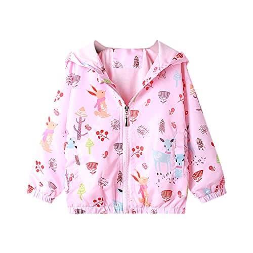 Image of Bluesaly Baby Girls Jacket Hooded Outwear Toddler Coat Kids Pink Elk Rabbit Windbreaker Windproof Long Sleeve Sunscreen Anti-Fog Raincoat Clothes Zip Up Lightweight Soft Thin Age 2-3 Years