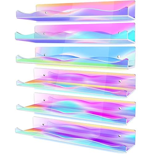 Image of LINYAPRY 6 Packs Iridescent Clear Acrylic Floating Shelves, 15.7 Inch Large Dolls Pop Display Case Picture Ledge Shelf, Acrylic Floating Wall Bookshelf Organizer for Kids Room Bathroom Nursery