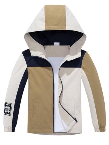 Image of NATUST Kids Waterproof Jacket Lightweight Rain Coat Color Block Windbreaker Khaki 5-6 Years