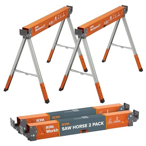 Image of Bora Workhorse XT Saw Horses 2 Pack Folding Heavy Duty Adjustable Height Sawhorse Pair with Adjustable Legs, Heavy Duty Saw Horse for Contractors Portable Workbench w/Built in Bottle Opener PM-3360T
