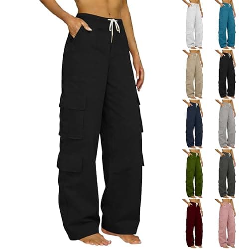 Image of Cargo Trousers Women Elasticated High Waisted Hiking Walking Combat Pants With Multi-Pockets Stretch Straight Wide Leg Trouser Baggy Summer Track Bottoms Y2K Casual Work Bottoms Outdoor Streetwear