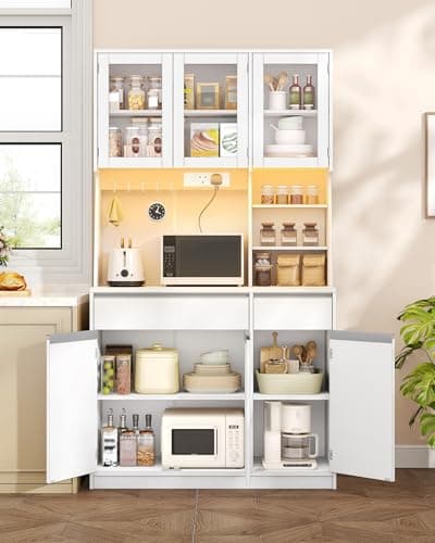 Image of Hzuaneri Kitchen Cupboard with LED & Power Outlet, Tall Kitchen Cabinet with Countertop & 2 Drawers, Sideboard Storage Cabinet, Adjustable Shelves, for Dining Room, 40 x 100 x 180 cm, White PT00103XUK