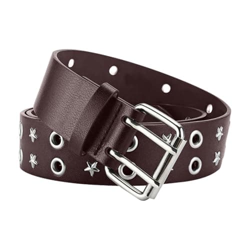 Image of WedDecor Double Grommet Star Studs PU Leather Waist Belt, Punk Style Goth Halloween Double Hole Eyelet Brown Belt for Women Men for Jeans, Skirts, Dresses, Medium