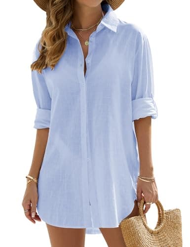Image of Vancavoo Women's Beach Cover Up Shirts Bikini Coverups Swimsuit Beach Dress Cotton Button Down Casual Long Sleeve Beachwear Loose Cardigan Blouse Tops Swimwear(Blue,L)