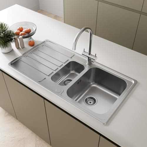 Image of SÄUBER® 970 x 500mm Stainless Steel Kitchen Sink One and Half 1.5 Bowl Inset Drop in Installation, Left Hand Drainer 18/10 Grade Steel Sinks, Free Basket Strainer Waste