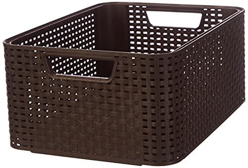 Image of Curver 18L Storage Basket with Woven Rattan Design for Bathroom, Bedroom, Office - Ergonomic Handles - Dark Brown