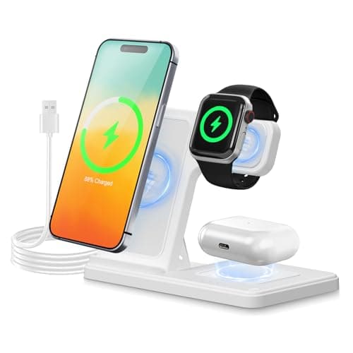 Image of 3 in 1 Wireless Charging Station for iphone Fast Wireless Charger Stand for Apple Watch, for Airpods Pro 4 3 2, for iphone 17/16/15/14/13/12/11/8/XS/XR/X/SE(No Plug Included) (White)